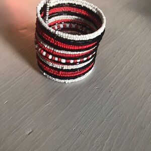 Native Made Red, Black & White Beaded Wrap Bracelet